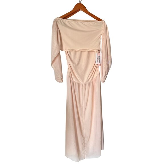 MICAS -Off-Shoulder Light Pink Cropped Top & Midi Dress Set With Puff Sleeves - Picture 1 of 10